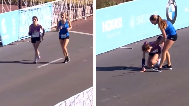 นักวิ่งมาราธอนสาวยอมเสียโอกาสได้รับรางวัลชนะเลิศ และวิ่งเข้าไปช่วยนักวิ่งอีกคนที่หมดแรงล้มลง