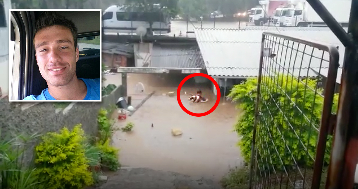หนุ่มบราซิลใจกล้า กระโดดเข้าไปช่วยหมาของเพื่อนบ้านที่อยู่ท่ามกลางน้ำท่วม