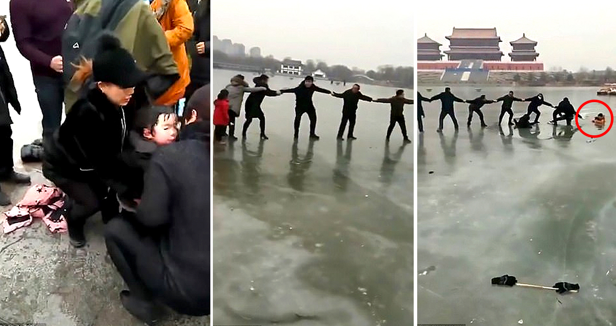 ชาวจีนร่วมใจผสานตัวยาวกว่า 20 เมตร เพื่อช่วยเหลือครอบครัวที่ตกลงไปในทะเลสาบน้ำแข็ง
