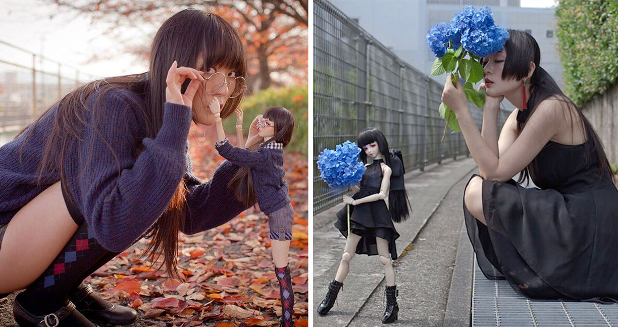 สาวญี่ปุ่นไอเดียบรรเจิด แต่งตัวตุ๊กตาให้เหมือนตัวเองและนำไปถ่ายตามสถานที่ต่างๆ