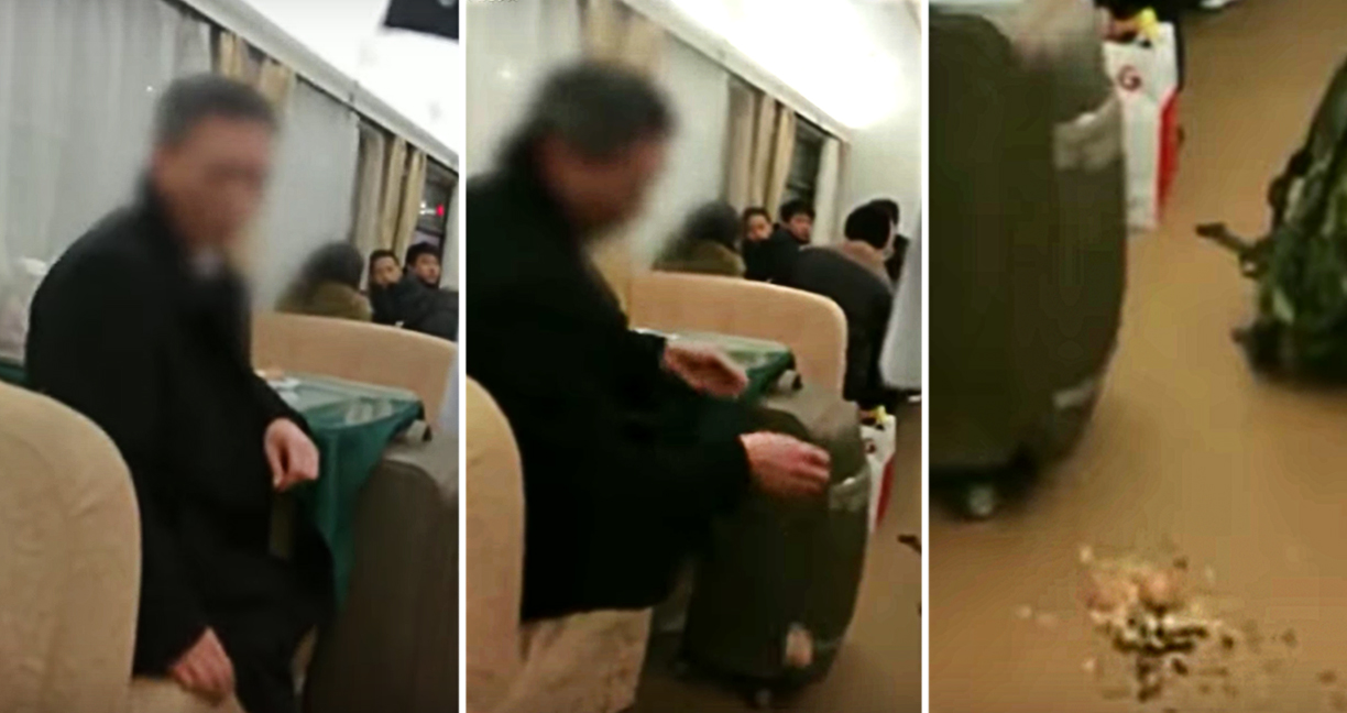 มนุษย์ลุงชาวจีนจู่ๆ ก็โยนอาหารลงบนพื้นในรถไฟ แล้วก็ขอให้พนักงานทำความสะอาดมาเก็บ