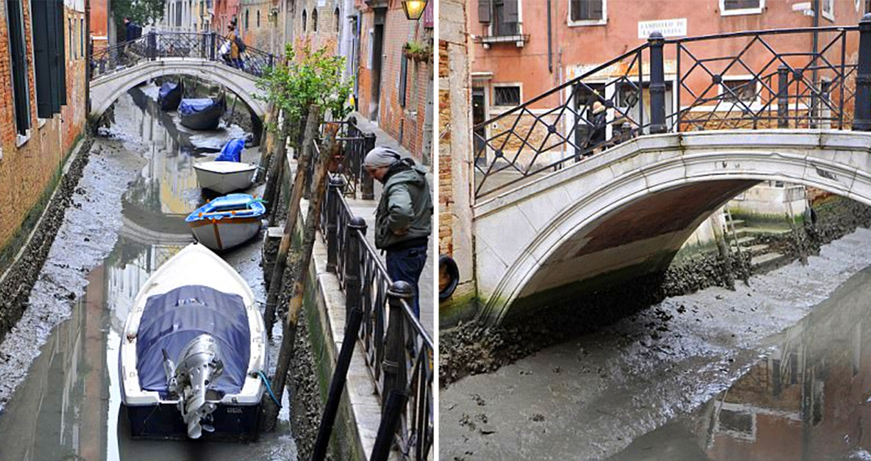 คลองในเมืองเวนิสแห้งขอด ผลกระทบจากพระจันทร์สีเลือดและฝนไม่ตกเป็นเวลานาน