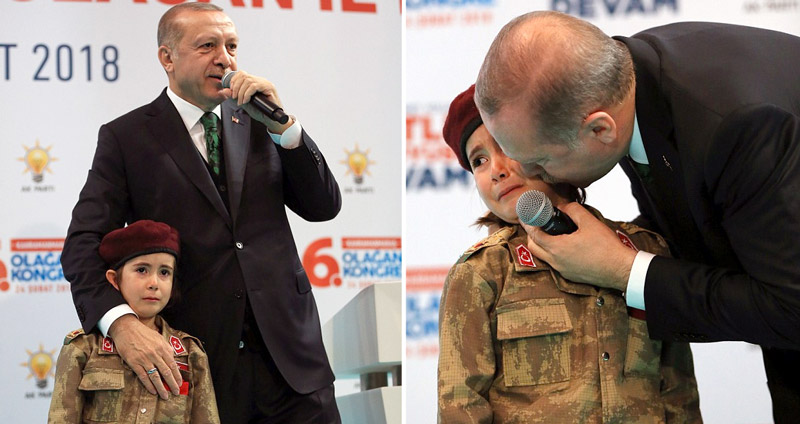 ผู้นำตุรกี หอมแก้มปลอบเด็กหญิงชุดทหารที่กำลังร้องไห้ และพูดให้เด็กพร้อมรบในซีเรีย…
