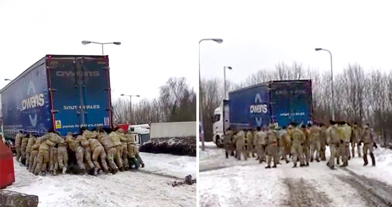 แข็งแกร่ง…หน่วย Royal Marine ช่วยกันดันรถบรรทุกหนัก 40 ตัน ด้วยมือเปล่าขึ้นจากหล่มหิมะ!!