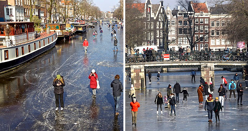 ชาวเมืองตื่นเต้น คลองในเมืองอัมสเตอร์ดัมกลายเป็นน้ำแข็ง จนเกิดเป็นลานสกีขนาดยักษ์