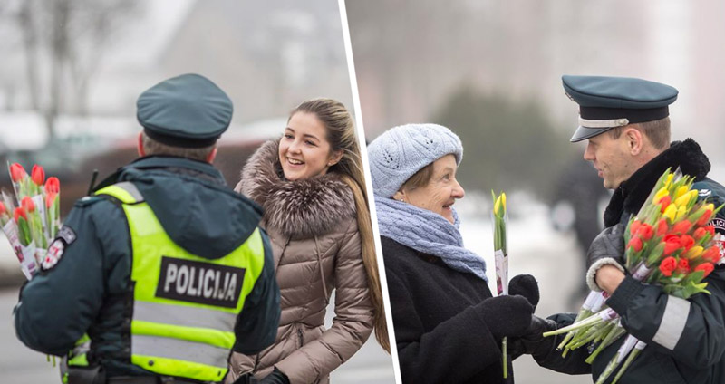 ตำรวจลิทัวเนียโบกรถหยุด “ผู้หญิง” ทุกคน ไม่แจกใบสั่งแต่ให้ดอกไม้แทนใจใน ‘วันสตรีสากล’