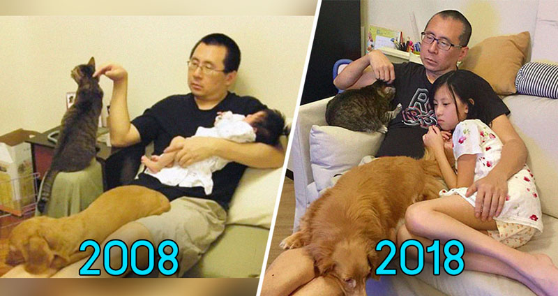 น่าร้าก!! รูปถ่ายครอบครัว พ่อ ลูกสาวกับหมาแมวที่ถ่ายมุมเดิมและจุดเดิมมาตลอด 10 ปี