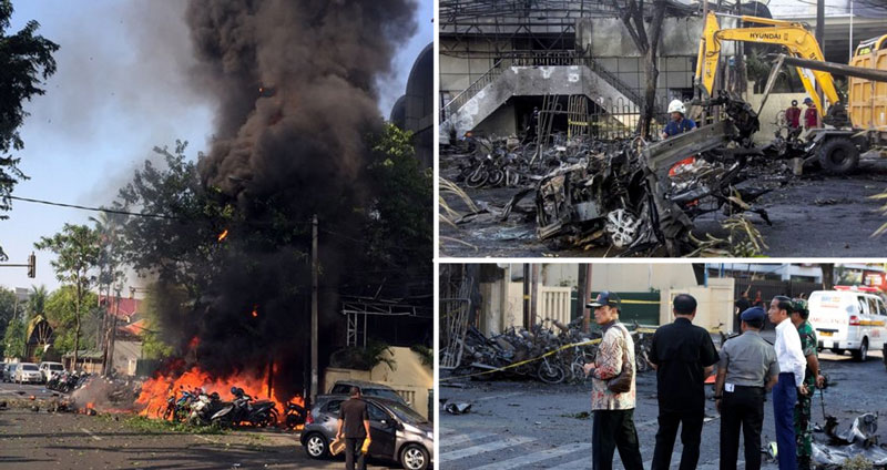 ครอบครัวระเบิดฆ่าตัวตายโจมตีโบสถ์ 3 แห่งในอินโดนีเซีย ทำให้มีผู้เสียชีวิตอย่างต่ำ 13 ราย
