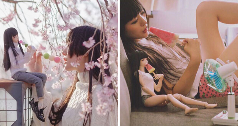 สาวญี่ปุ่นถ่ายรูปกับตุ๊กตาที่เหมือนตัวเอง เกิดเป็นภาพเซอร์เรียลงามๆ ของสองสาวต่างขนาด