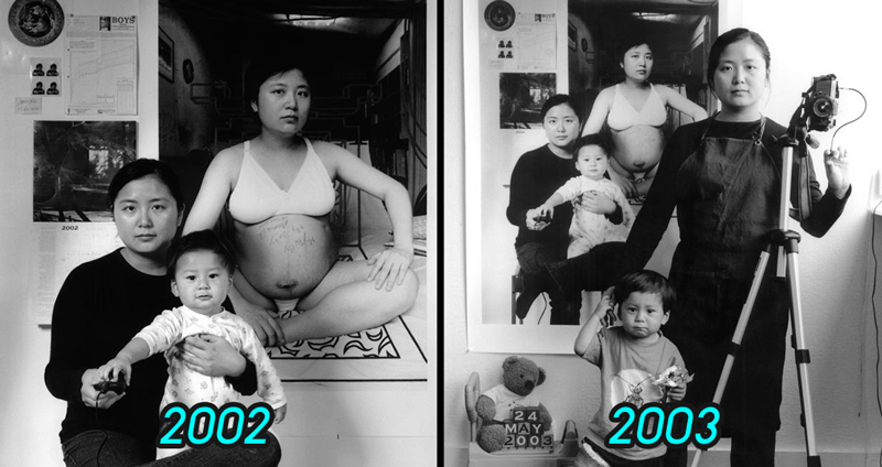 คุณแม่ชาวจีนถ่ายภาพกับลูกทุกปี แล้วเอารูปก่อนๆ มาวางไว้ข้างหลัง เพื่อดูความเปลี่ยนแปลง
