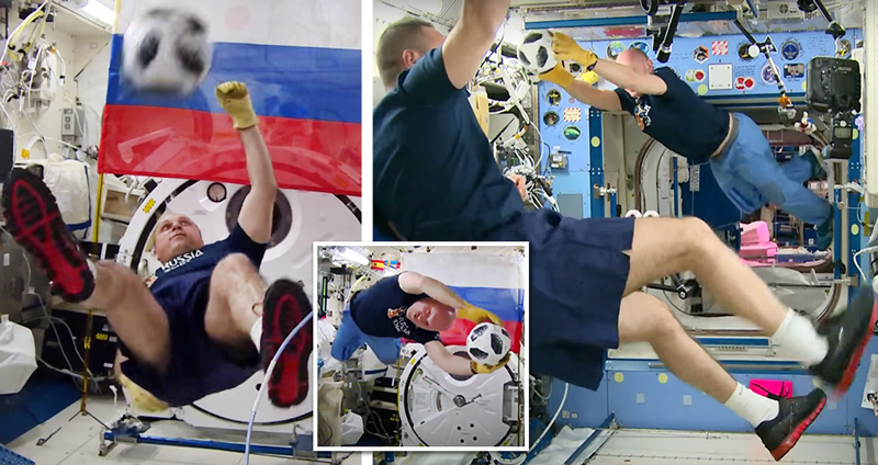 สองนักบินอวกาศรัสเซีย สาธิตการเตะบอลแบบไร้แรงโน้มถ่วงในอวกาศ ต้อนรับบอลโลก