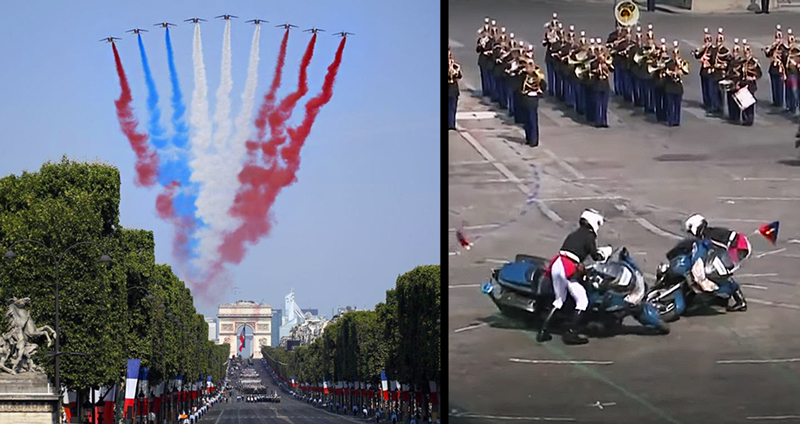 ผิดคิว!? พาเหรดวันชาติฝรั่งเศสมอเตอไซค์ล้ม-เครื่องบินปล่อยควันธงชาติผิดสี รึนี่จะบอกอะไร!!