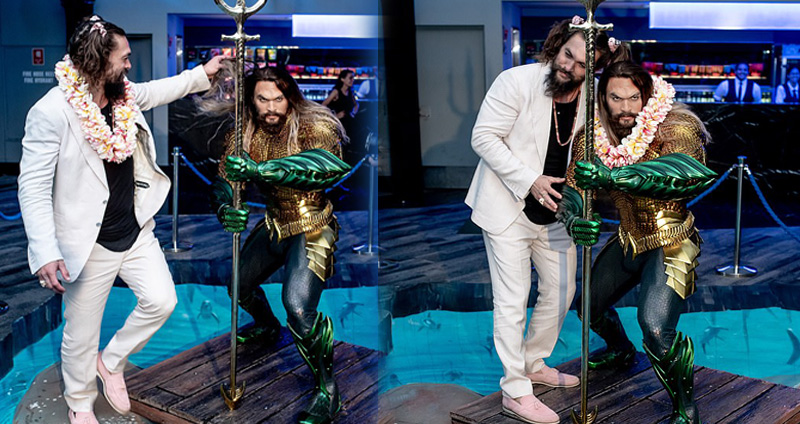 Jason Momoa ร่วมงานเปิดตัวหุ่นขี้ผึ้ง Aquaman แทบแยกไม่ออกอันไหนตัวจริง อันไหนหุ่น
