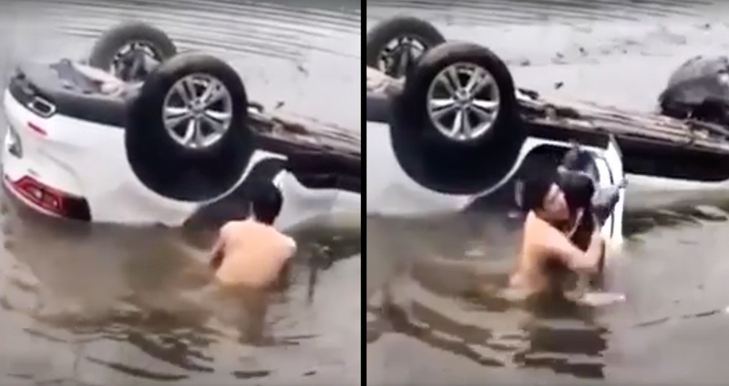 ฮีโร่ตัวจริง!! หนุ่มจีนทุ่มสุดตัว กระโดดลงน้ำช่วยชีวิตครอบครัวที่ติดอยู่ในรถ