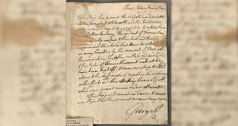 จดหมายของพระเจ้าจอร์จที่ 3 ที่ส่งก่อนสงครามไม่กี่วัน ถูกประมูลในราคา 468,000 บาท