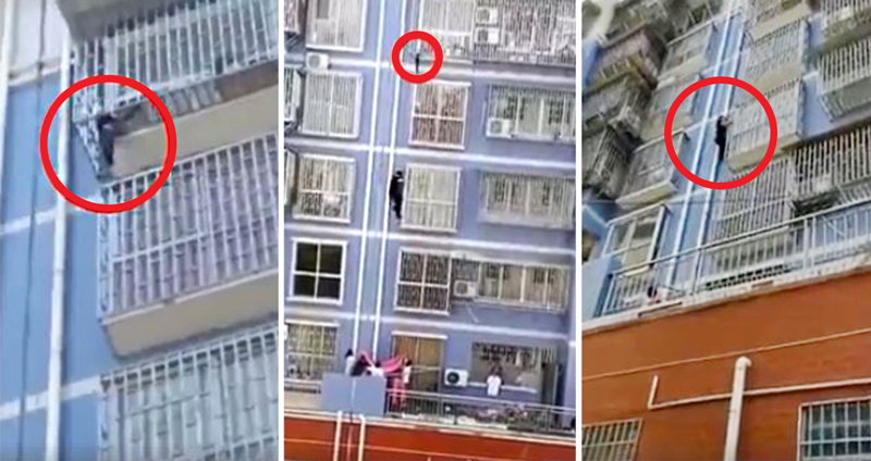 หนุ่มจีนใจเด็ด ปีนขึ้นตึก 6 ชั้นด้วย ‘มือเปล่า’ ช่วยเด็กที่ติดกับลูกกรง!!