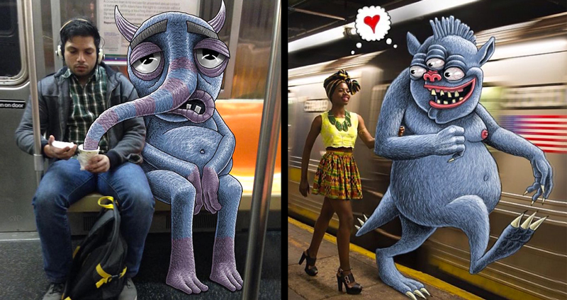 ศิลปินรังสรรค์ผลงานโดยวาดภาพ ‘สัตว์ประหลาดตัวสีฟ้า’ ให้เหมือนกำลังป่วนรถไฟใต้ดิน