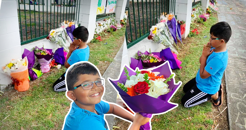 เด็กชายขอของขวัญวันเกิด เป็นช่อดอกไม้แทนคอมฯ เพื่อร่วมไว้อาลัยแก่ผู้เสียชีวิตเหตุกราดยิง