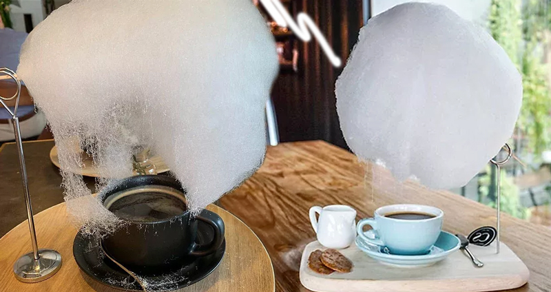 คาเฟ่ประเทศจีนเสิร์ฟกาแฟพร้อมกับสายไหม ดูเหมือนมีเมฆและสายฝนตกลงในแก้ว