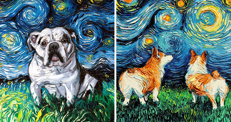 ศิลปินสาวพาเหล่าน้องหมา เข้าไปอยู่ในฉากภาพวาดดัง “Starry Night” ของแวน โก๊ะ