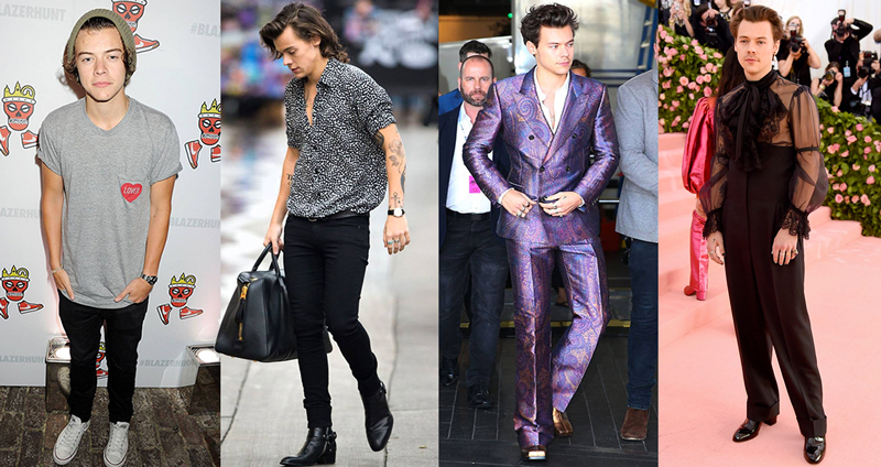 รวมภาพวิวัฒนาการแฟชั่น Harry Styles จากเสื้อยืดกางเกงยีนส์สู่กางเกงขาบานเท่ๆ
